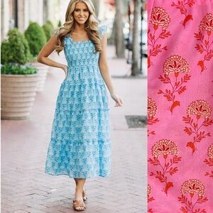 J Marie Pink Ella Ann Ruffle Strap Smocked Tiered Floral Midi Dress M Cottage